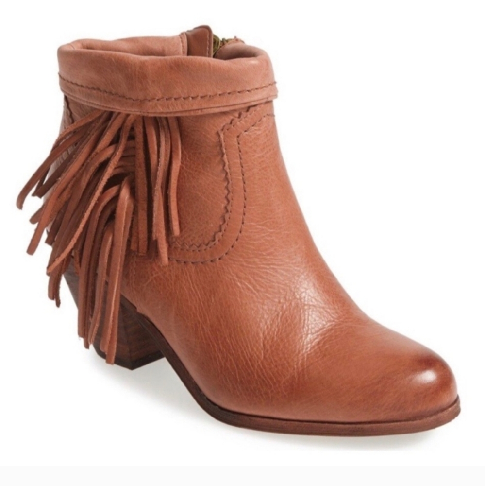 Sam Edelman Western Fringe Side Zip Heeled Louie Leather Boots Camel Tan Size 10
